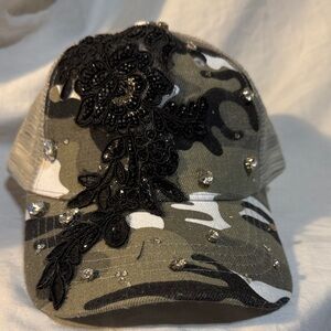 Embellished Camouflage Cap with Black Lace